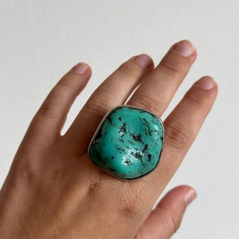 Large Boho Statement Ring Chunky Faux Turquoise Nugget, Silver-Tone Adjustable C
